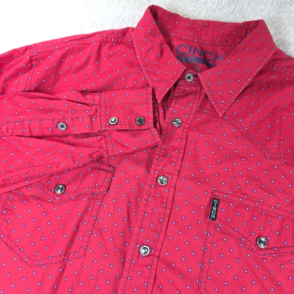 Cinch Western Shirt Mens XL Red Navy Geometric Print Pearl Snap Front Modern Fit